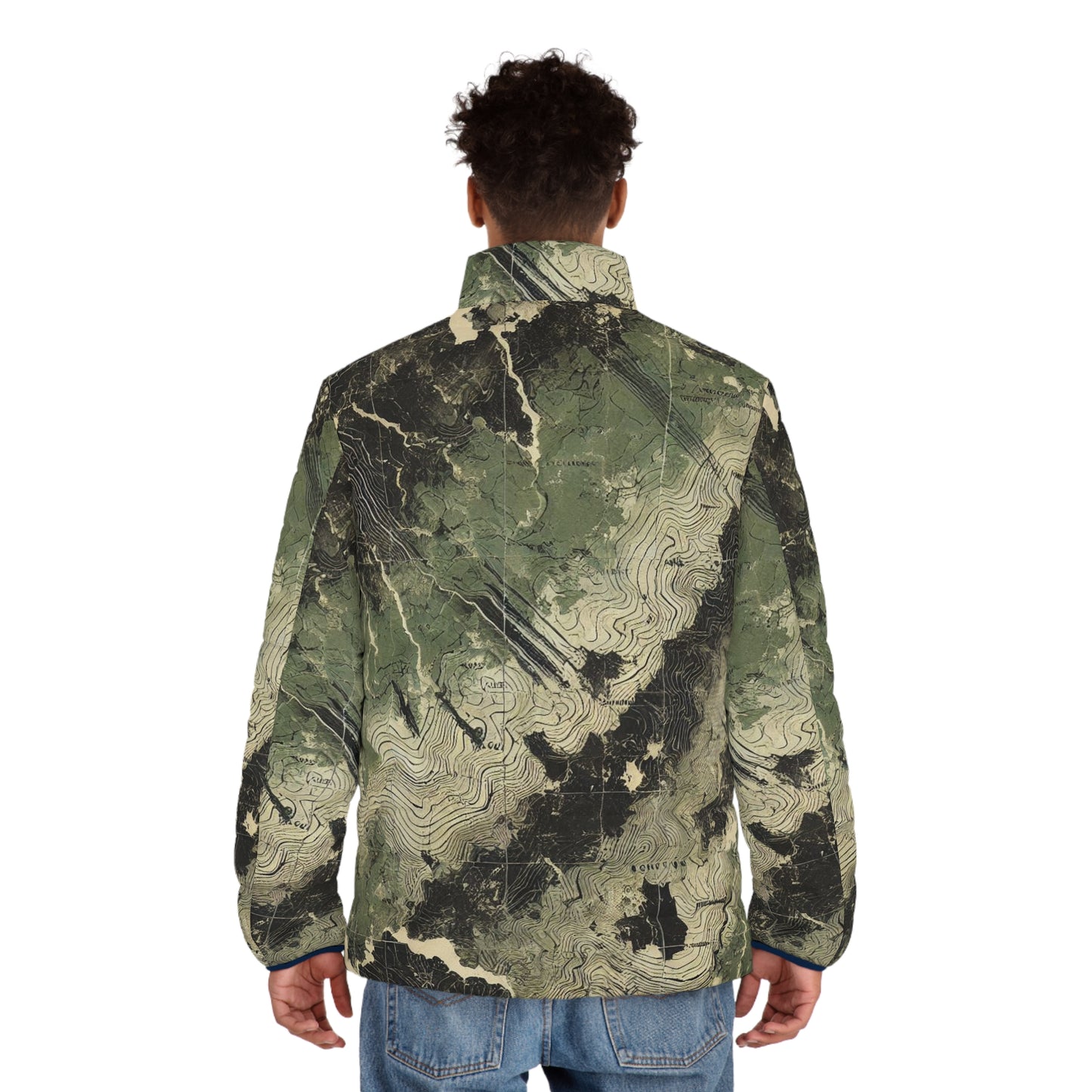 Topographical Terrain Camo Men's Puffer Jacket (AOP)