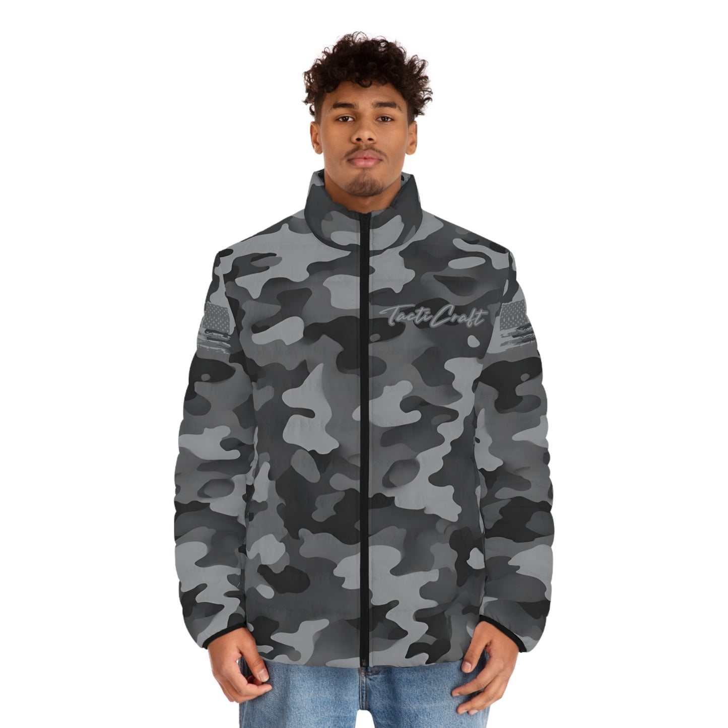 TactiCraft Urban Gray Camo Men's Puffer Jacket (AOP)