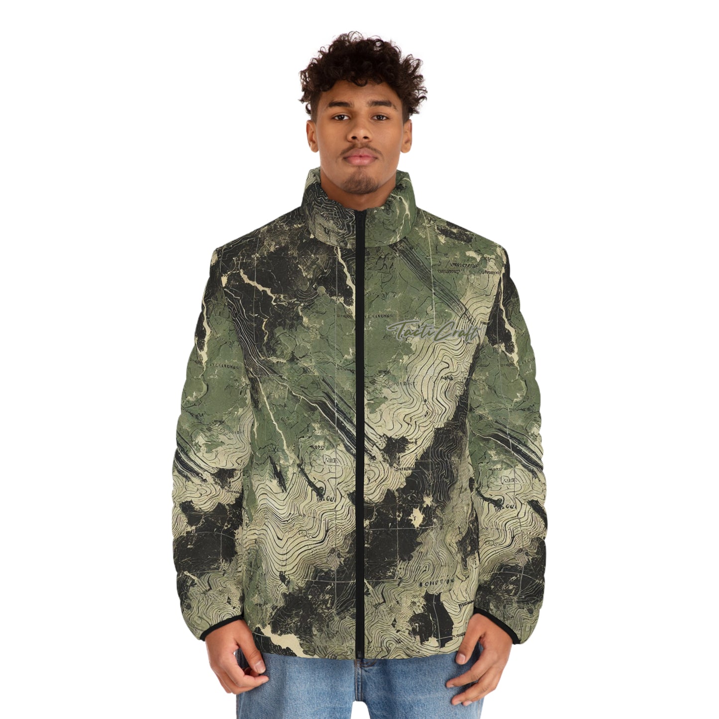 Topographical Terrain Camo Men's Puffer Jacket (AOP)